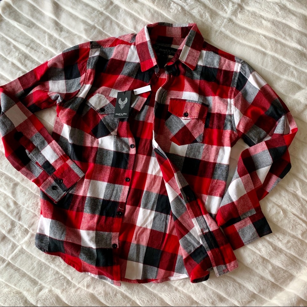 Red Black White Plaid Flannel Button Down Shirt